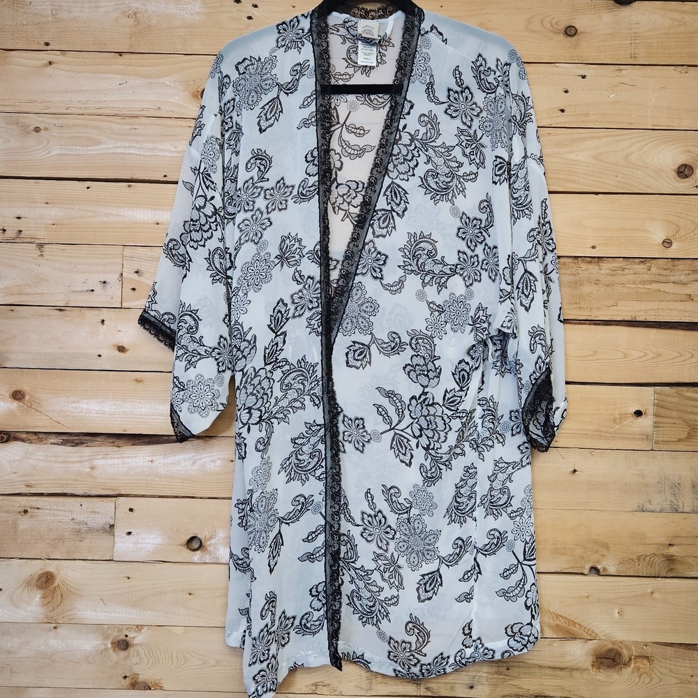 In Bloom by Jonquil Robe Medium White Black Floral Kimono Sleeves FLAWS